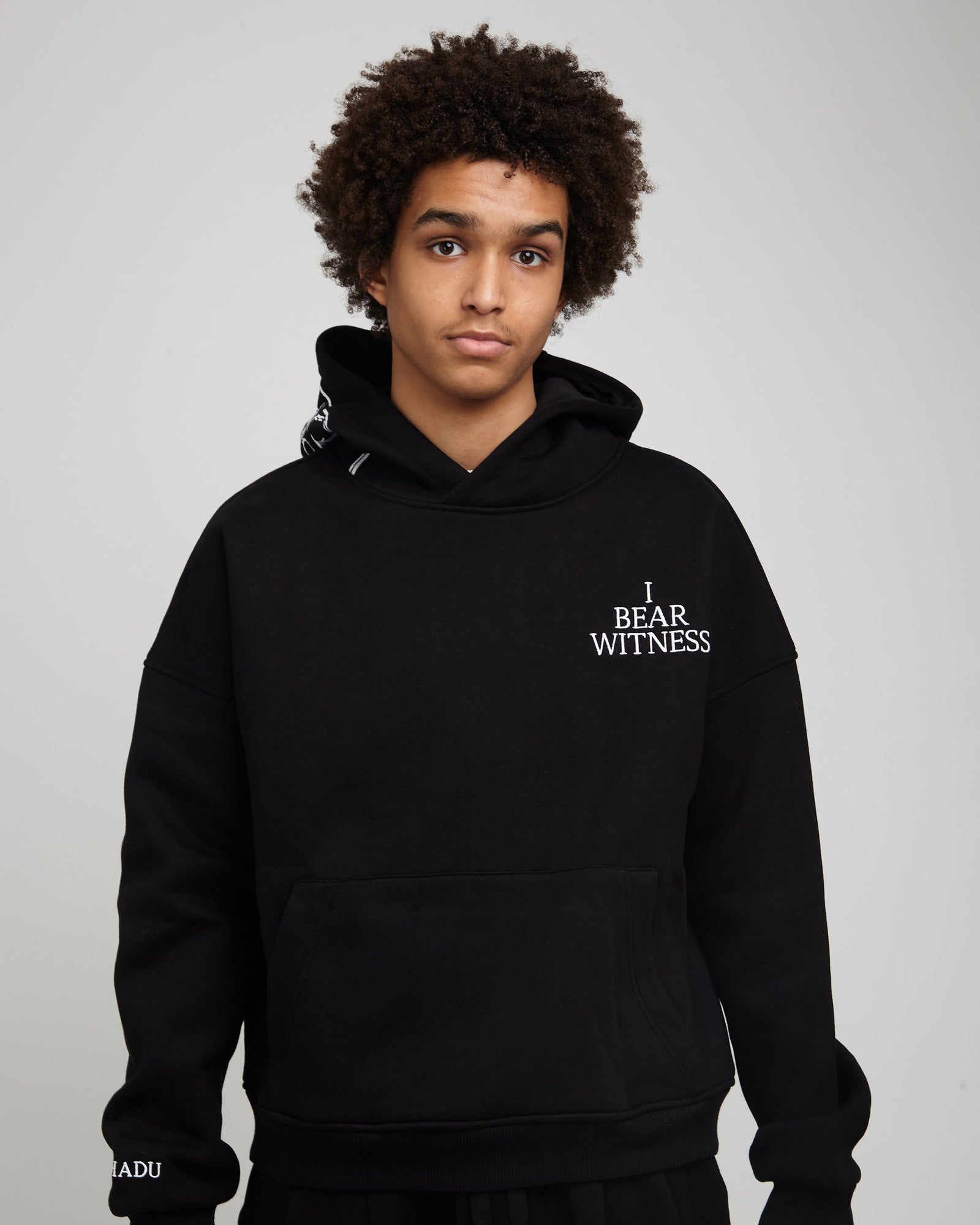 Ash-Hadu Black hoodie — front, on body