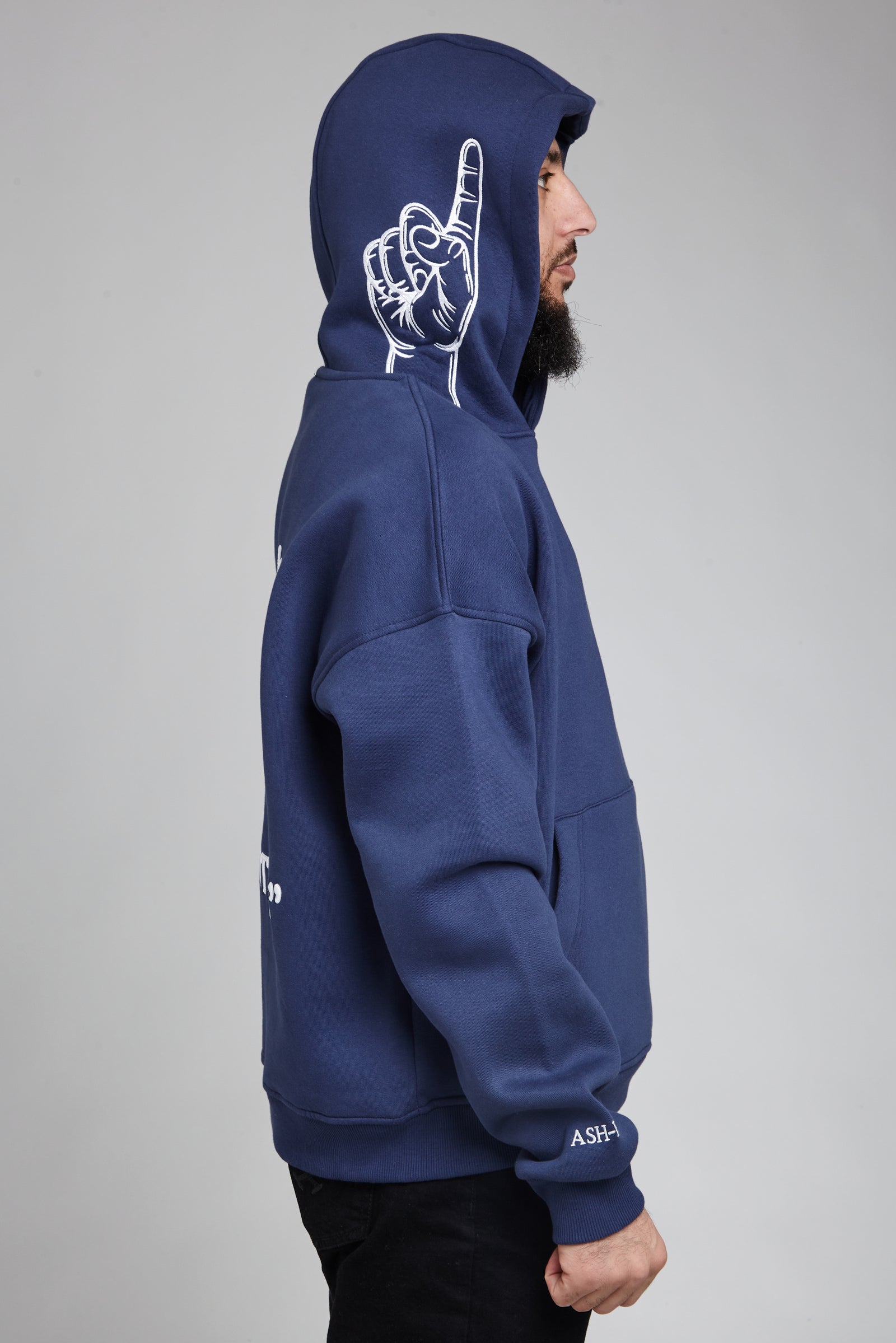 Ash-Hadu Essential Blue hoodie — front, on body