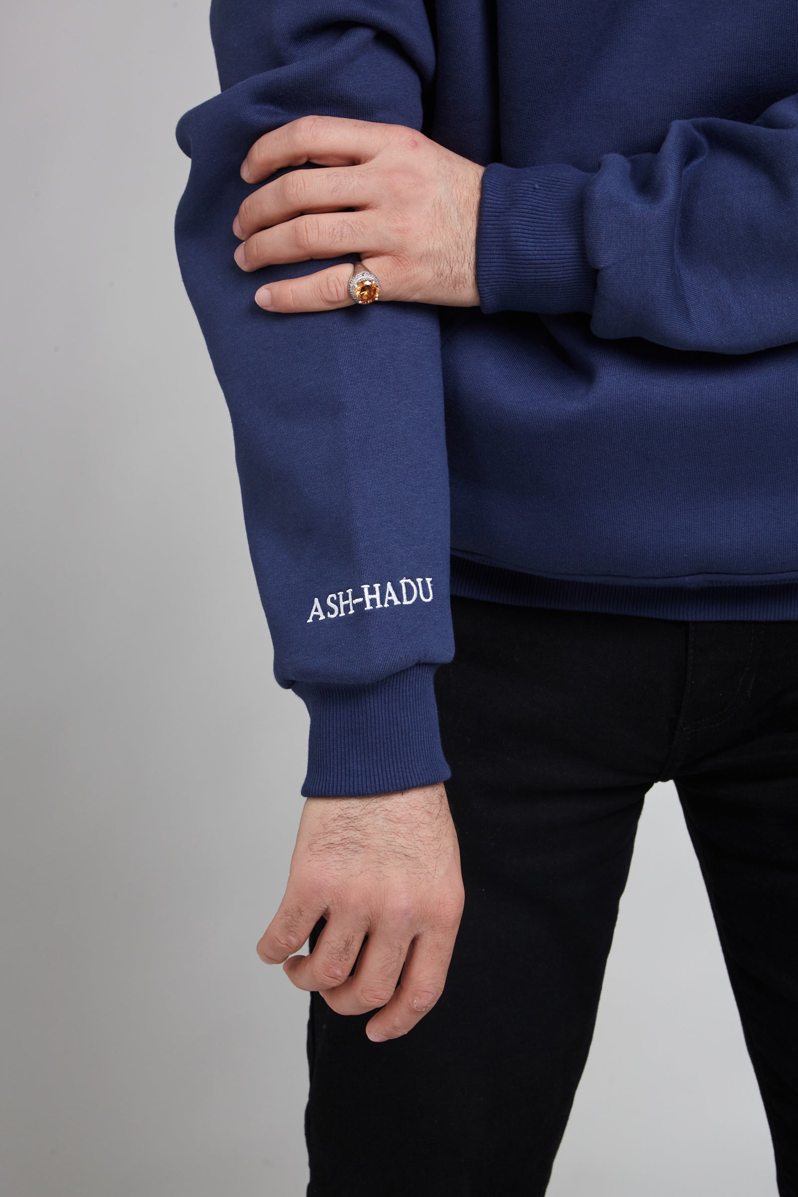 Ash-Hadu Essential Blue hoodie — relaxed lifestyle shot