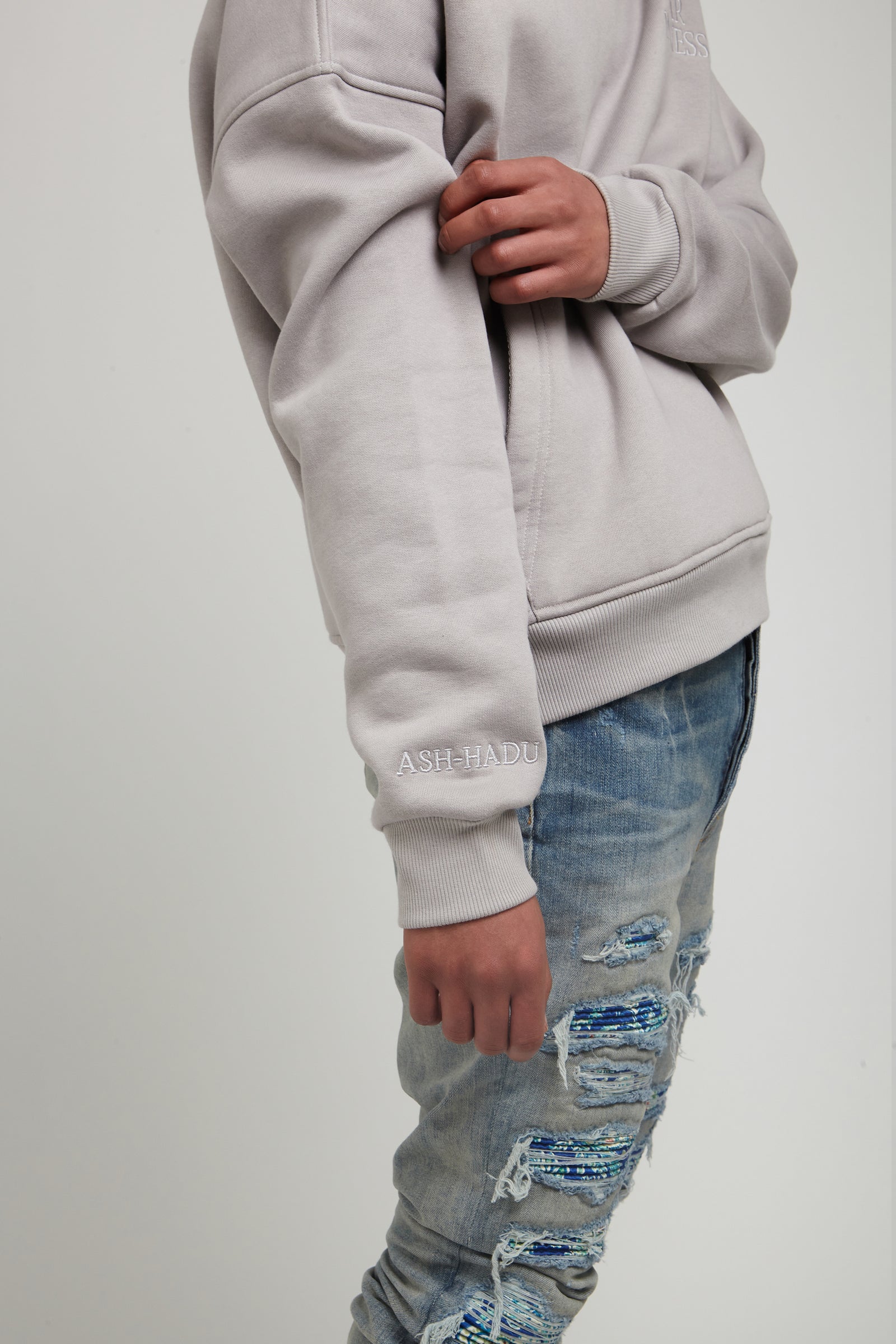 Ash-Hadu Essential Grey hoodie — sleeve detail